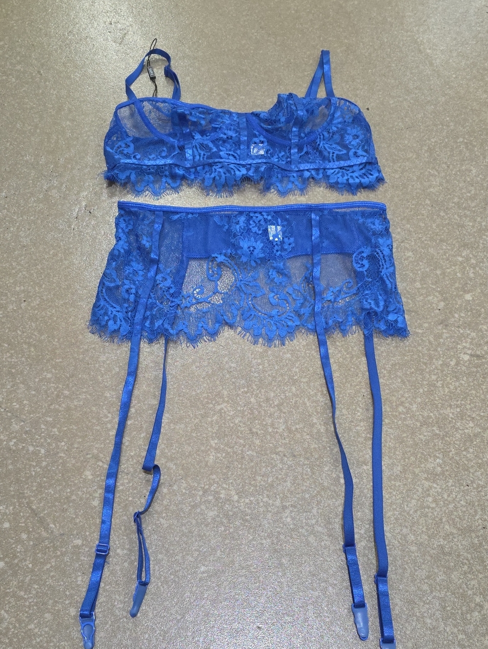 Zaful Royal Blue Sheer Lace Bralette & Garter Set